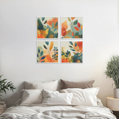 Bed Room Preview of Abstract Leaves Wall Art Decor Set of 4 Frames in White Color Frame