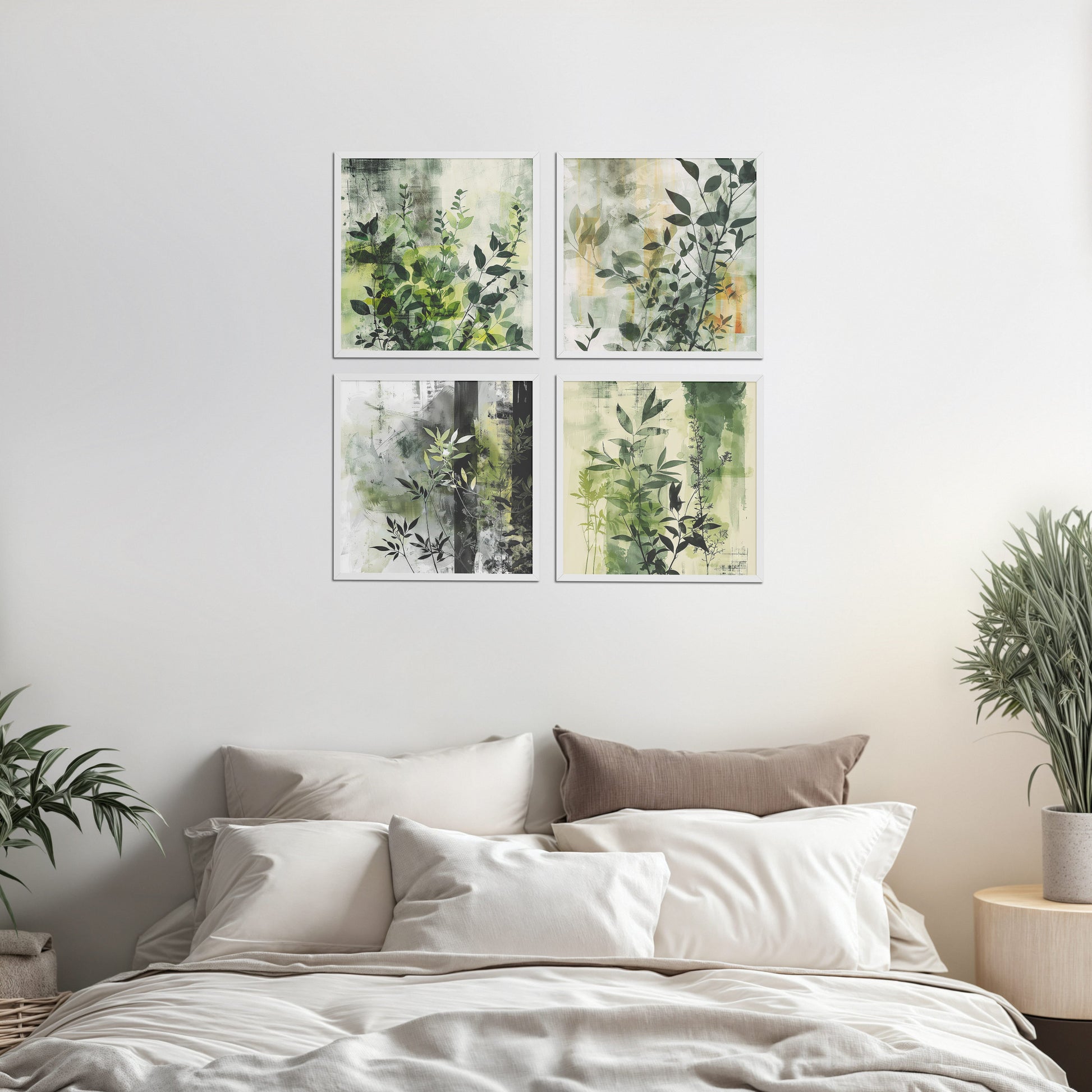 Bed Room Preview of Abstract Botanical Wall Art Set of 4 Frames in White Color Frame