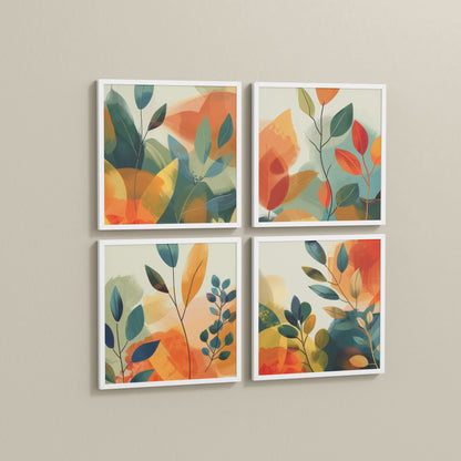 Side View of Abstract Leaves Wall Art Decor Set of 4 Frames in White Color Frame