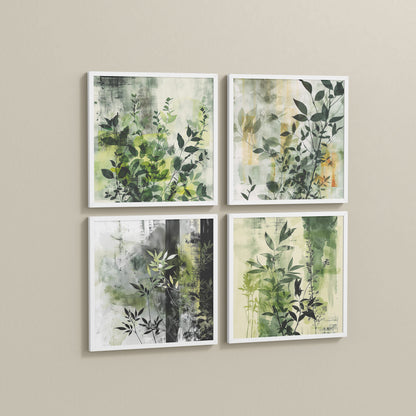 Side View of Abstract Botanical Wall Art Set of 4 Frames in White Color Frame