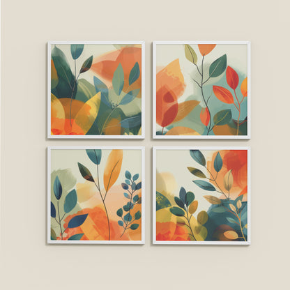 Wall View of Abstract Leaves Wall Art Decor Set of 4 Frames in White Color Frame