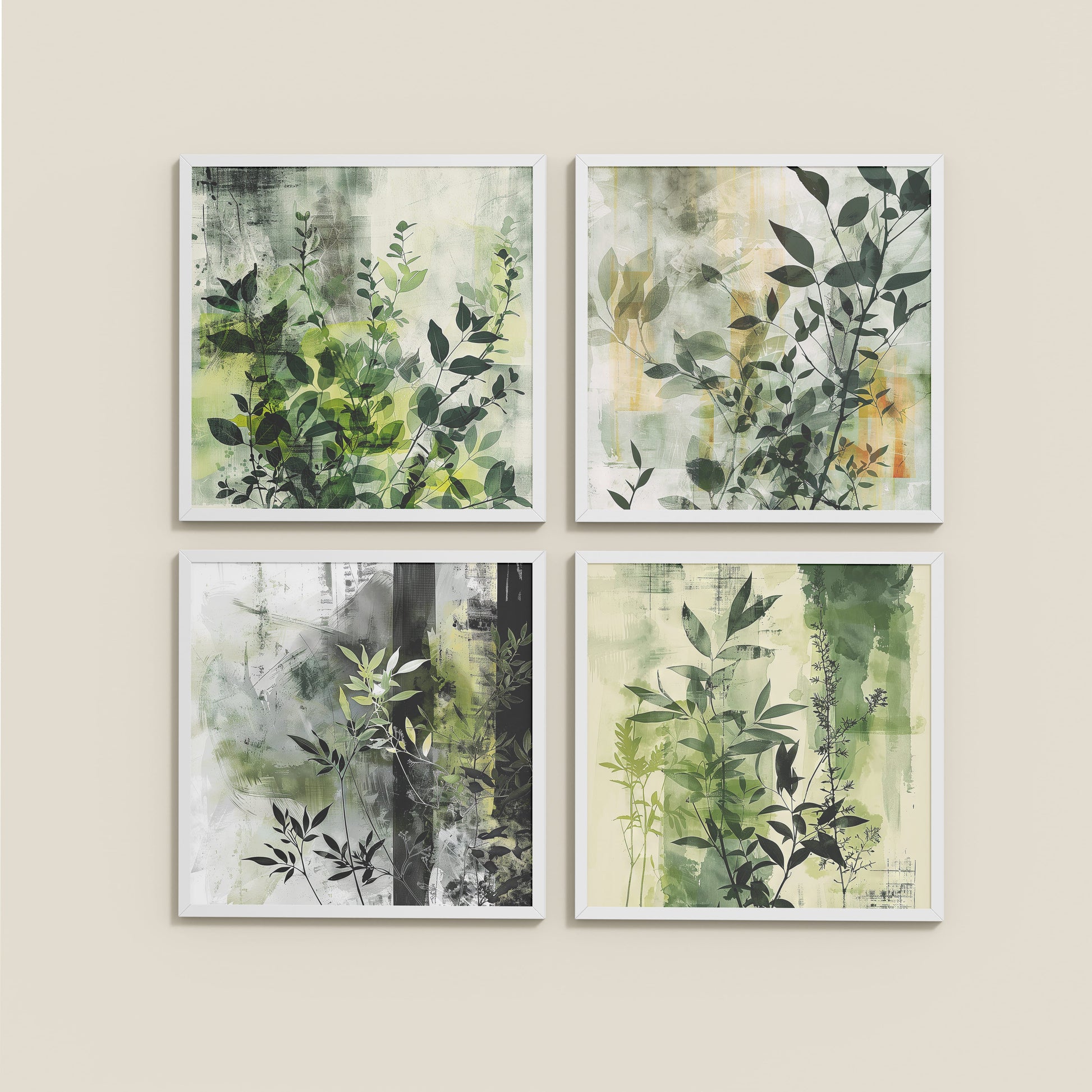 Wall View of Abstract Botanical Wall Art Set of 4 Frames in White Color Frame