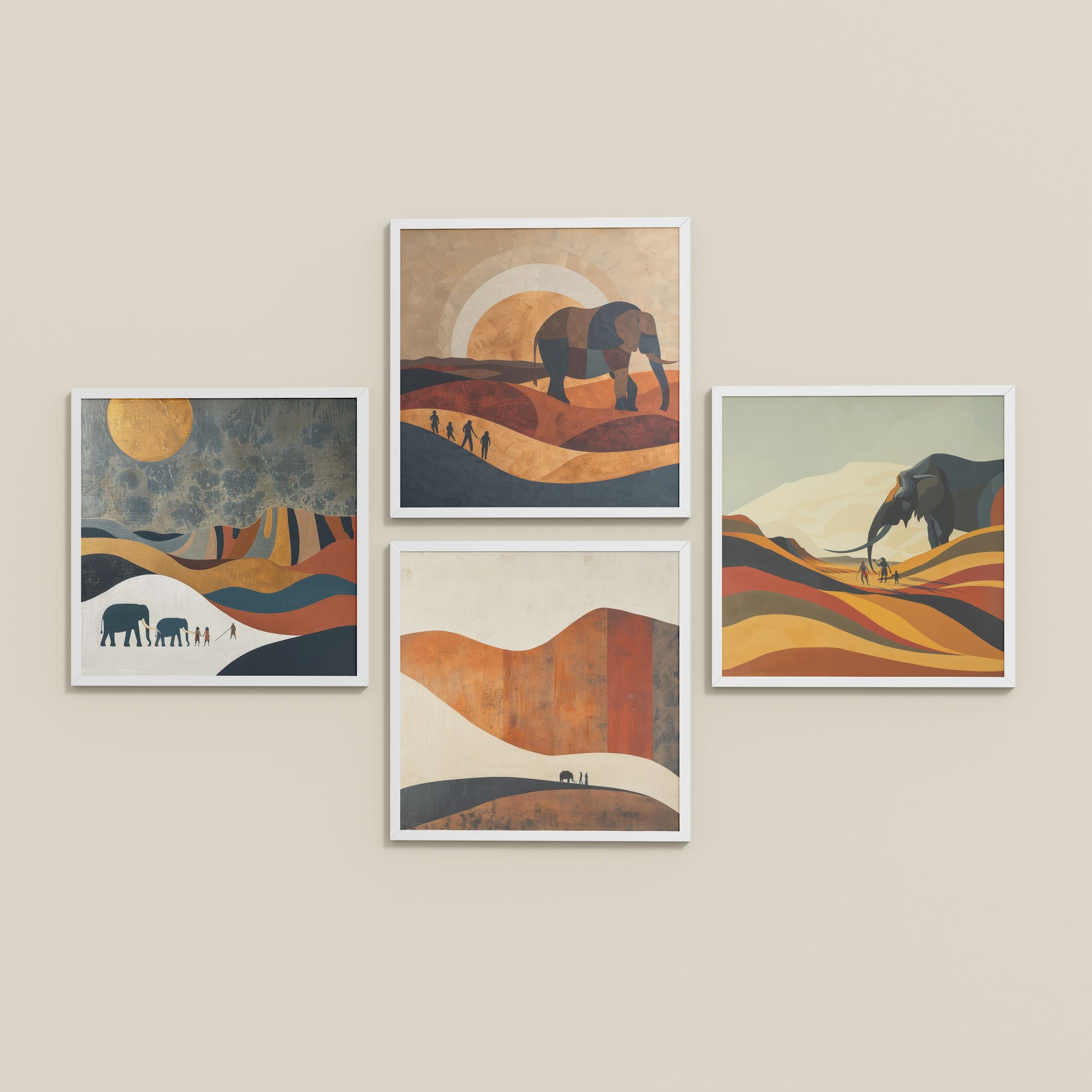 Inclined Floor View of Modern Elephant Abstract Wall Art Set of 4 Frames in White Color Frame