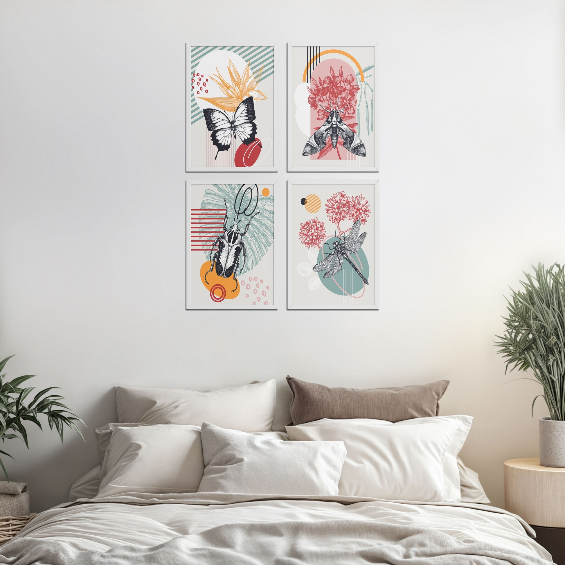 Bed Room Preview of Timeless Wings Abstract Insect Wall Art Set of 4 Frames in White Color Frame