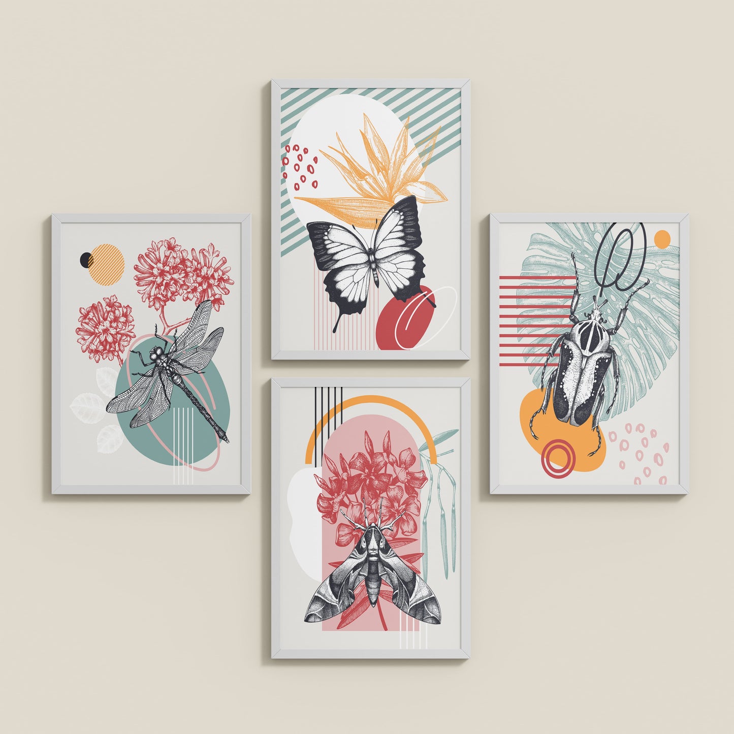 Inclined Floor View of Timeless Wings Abstract Insect Wall Art Set of 4 Frames in White Color Frame