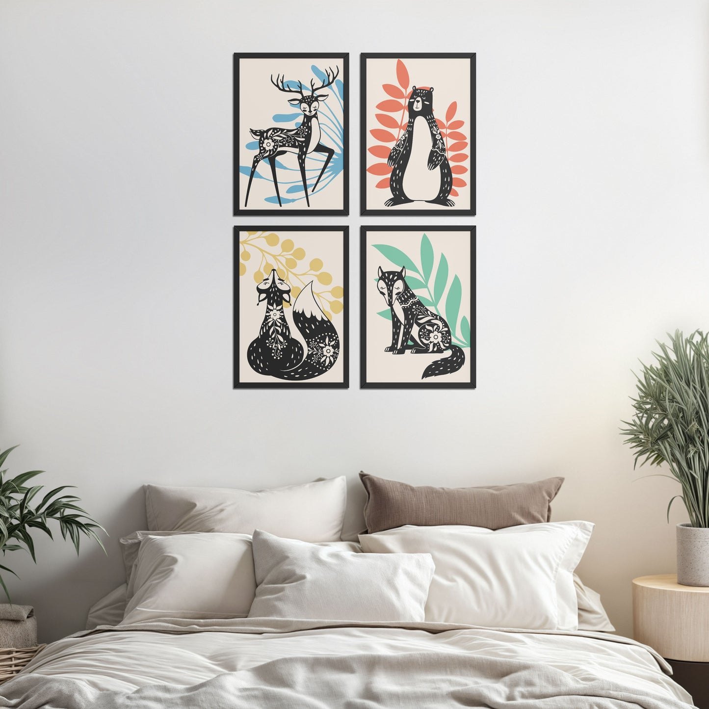 Bed Room Preview of Nature’s Gaze – Wild Animal Portrait Set of 4 Frames in Black Color Frame