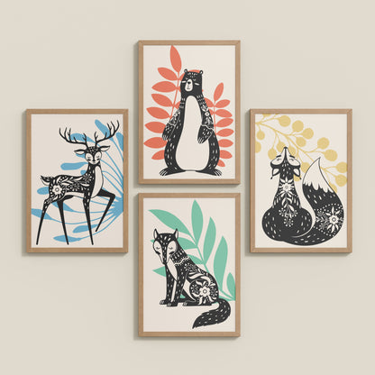 Inclined Floor View of Nature’s Gaze – Wild Animal Portrait Set of 4 Frames in Natrual Color Frame