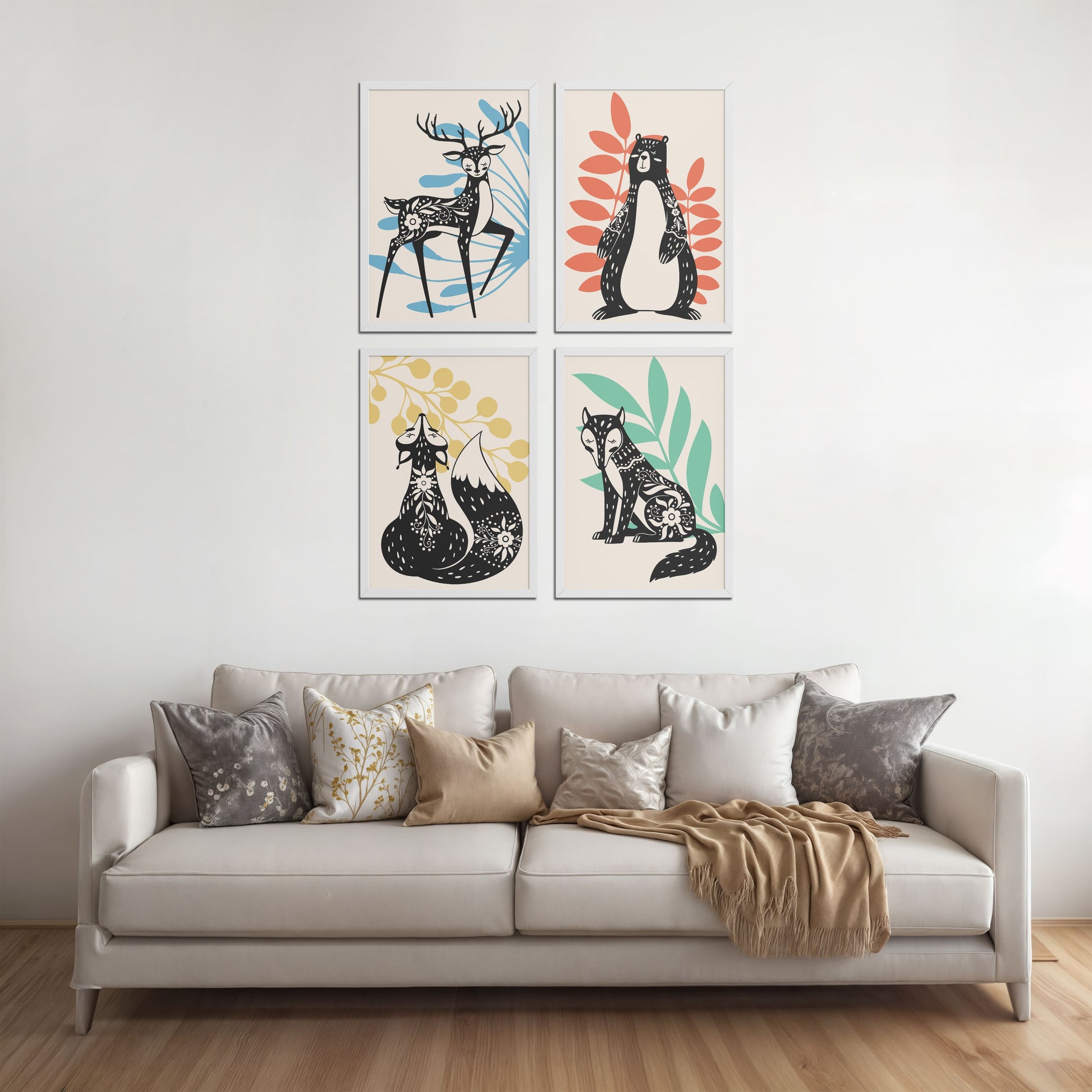 Living Room Sofa Preview of Nature’s Gaze – Wild Animal Portrait Set of 4 Frames in White Color Frame