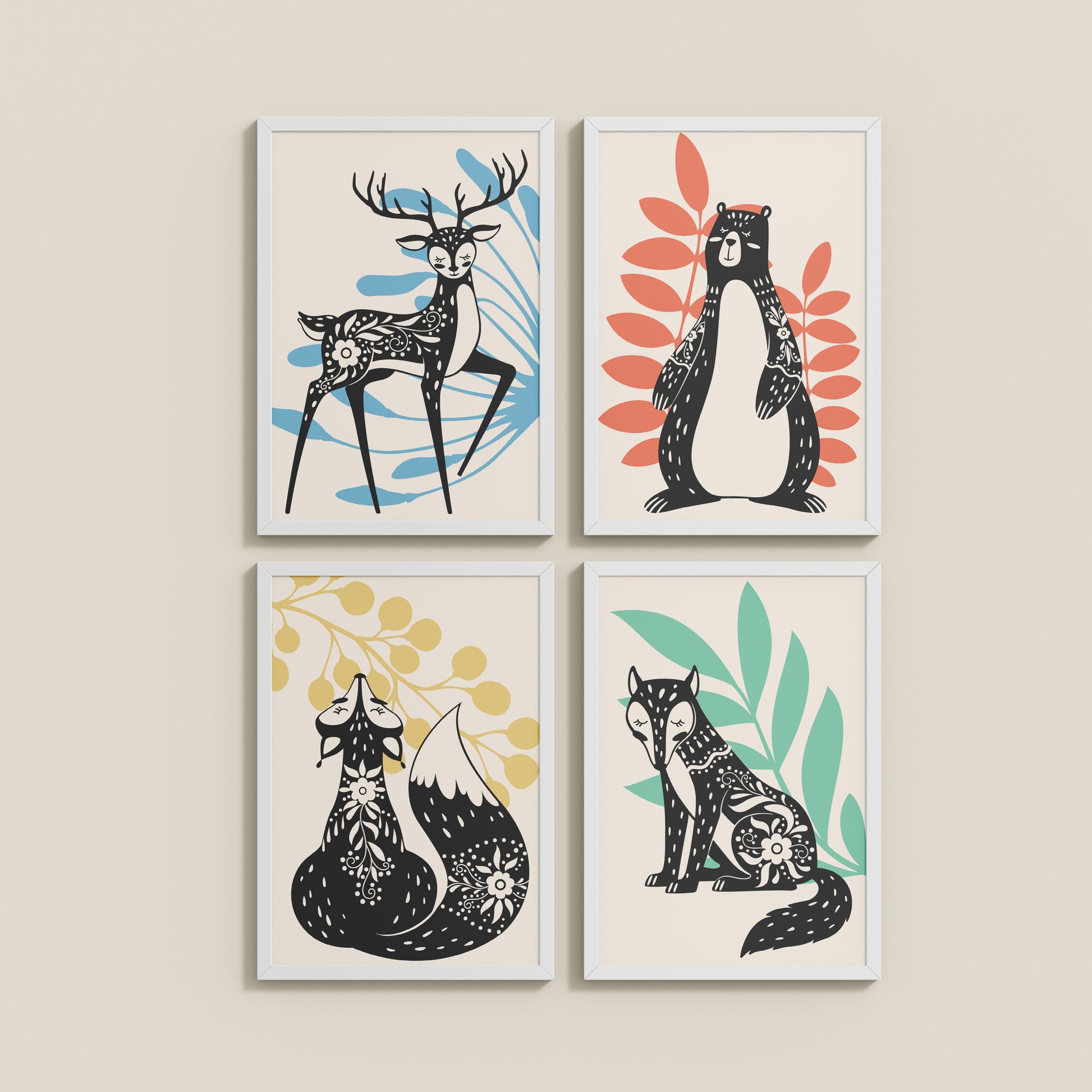 Wall View of Nature’s Gaze – Wild Animal Portrait Set of 4 Frames in White Color Frame