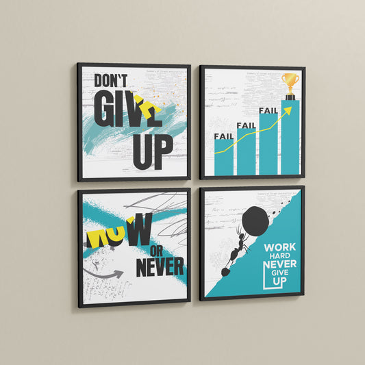 Side View of Work Hard, Never Give Up – Motivational Quote Set of 4 Frames in Black Color Frame
