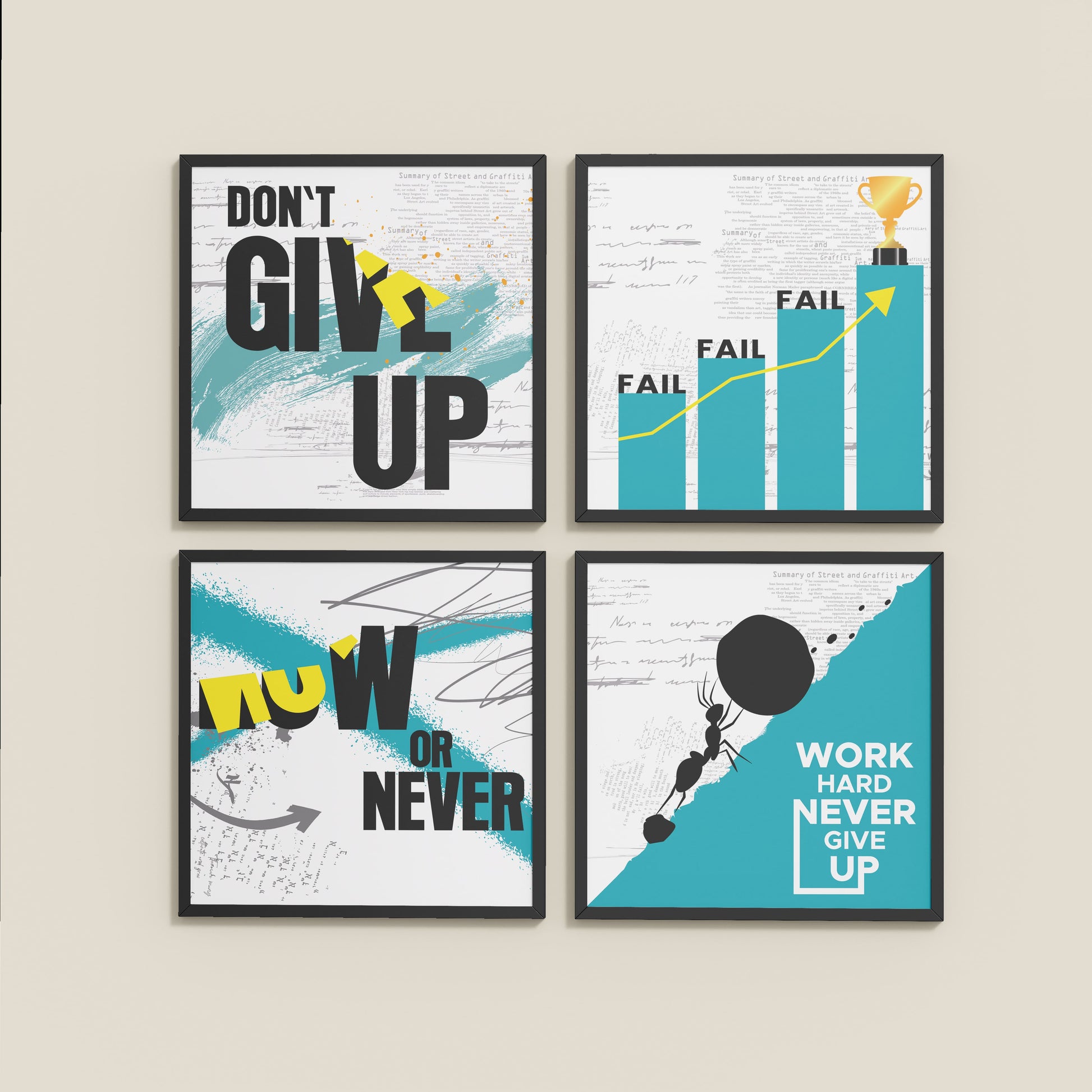 Wall View of Work Hard, Never Give Up – Motivational Quote Set of 4 Frames in Black Color Frame