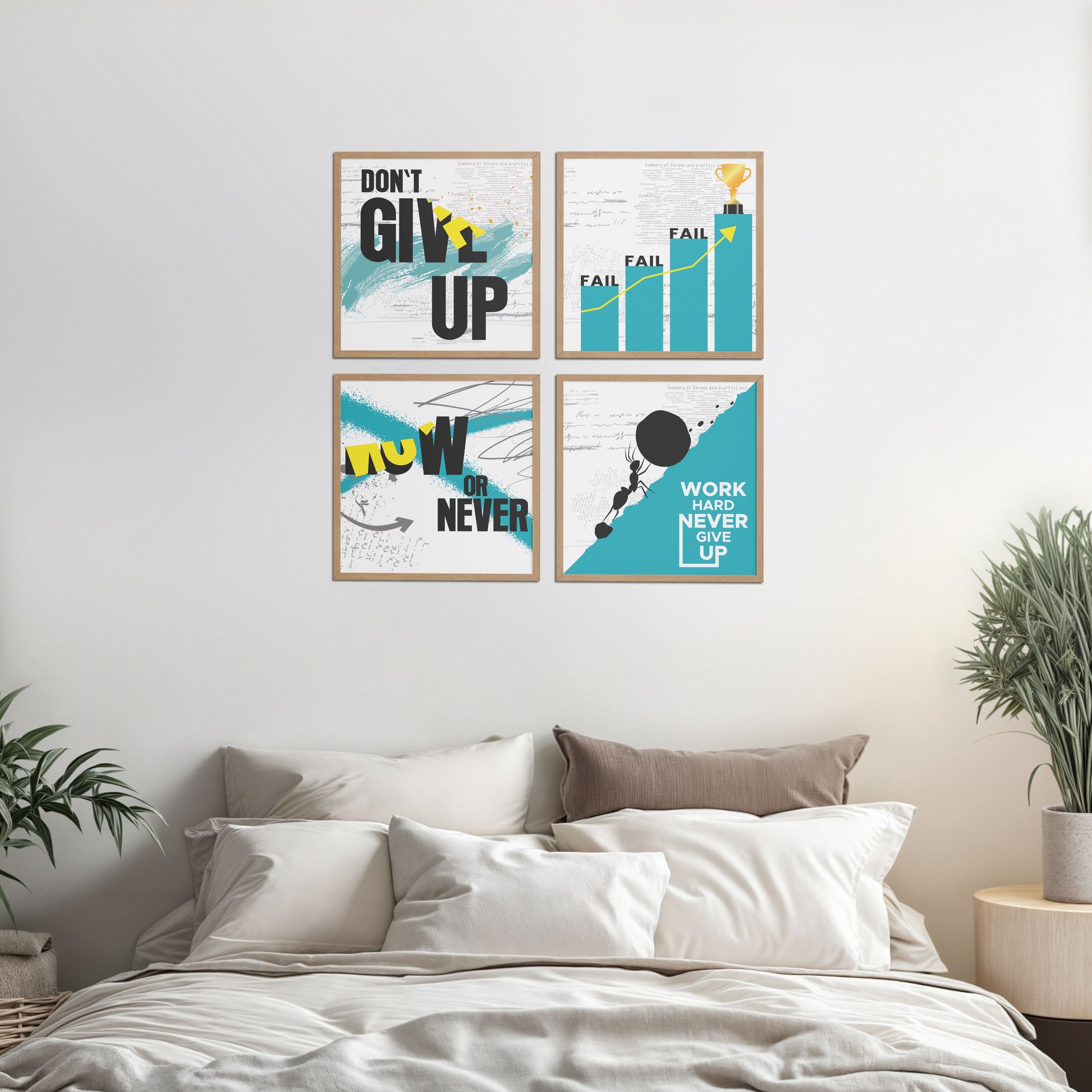 Bed Room Preview of Work Hard, Never Give Up – Motivational Quote Set of 4 Frames in Natrual Color Frame