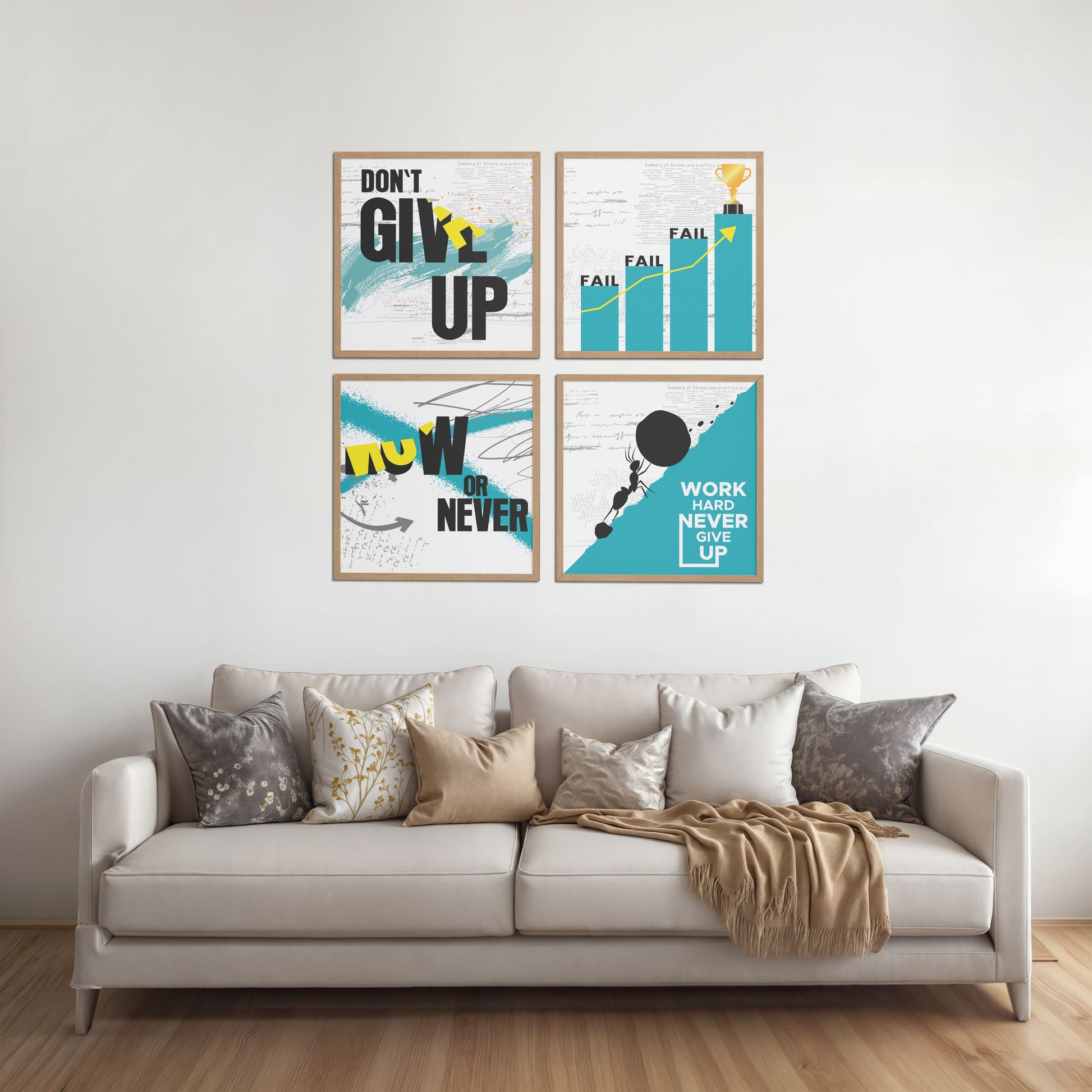 Living Room Sofa Preview of Work Hard, Never Give Up – Motivational Quote Set of 4 Frames in Natrual Color Frame