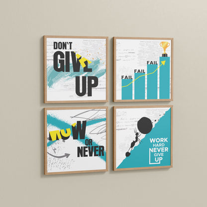 Side View of Work Hard, Never Give Up – Motivational Quote Set of 4 Frames in Natrual Color Frame