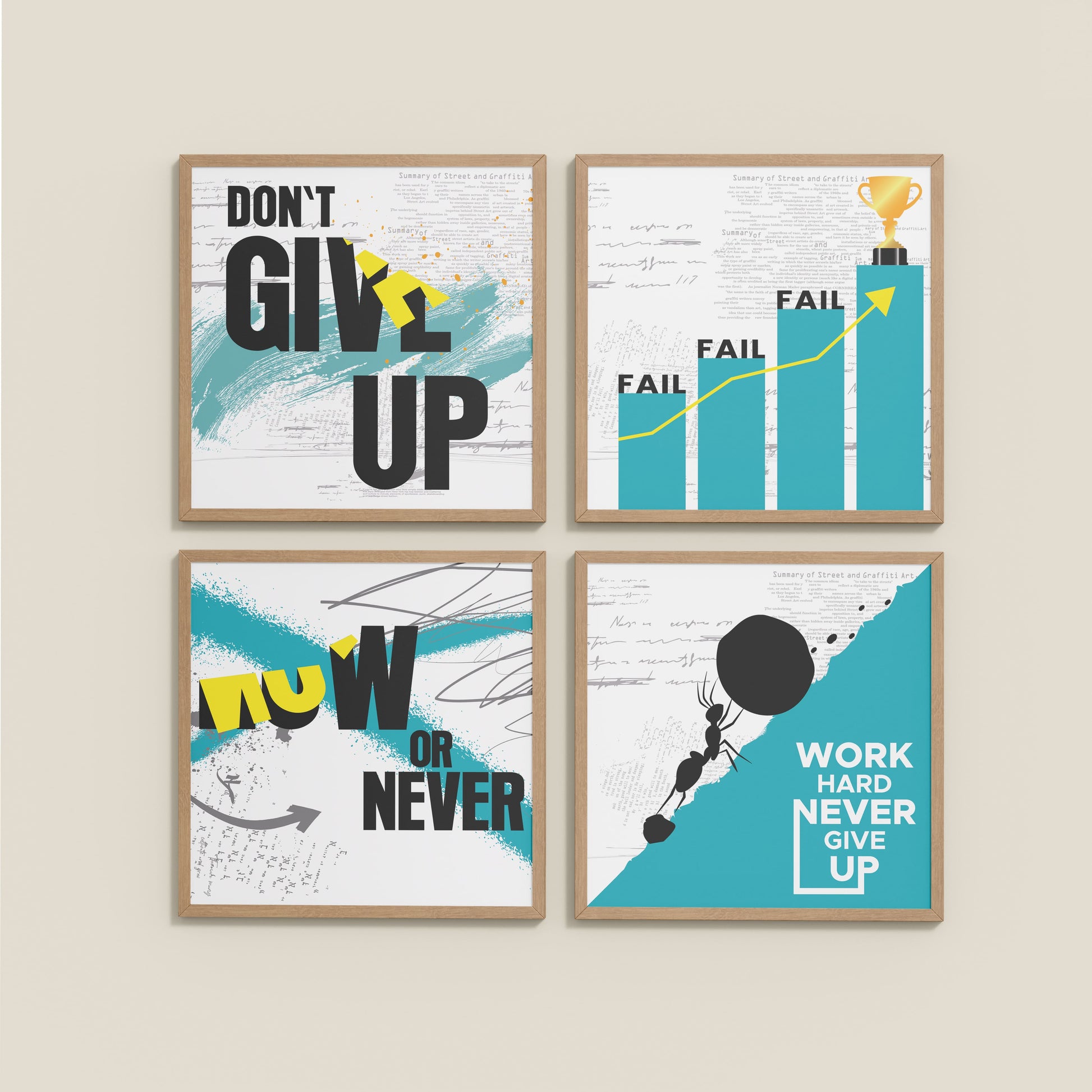 Wall View of Work Hard, Never Give Up – Motivational Quote Set of 4 Frames in Natrual Color Frame