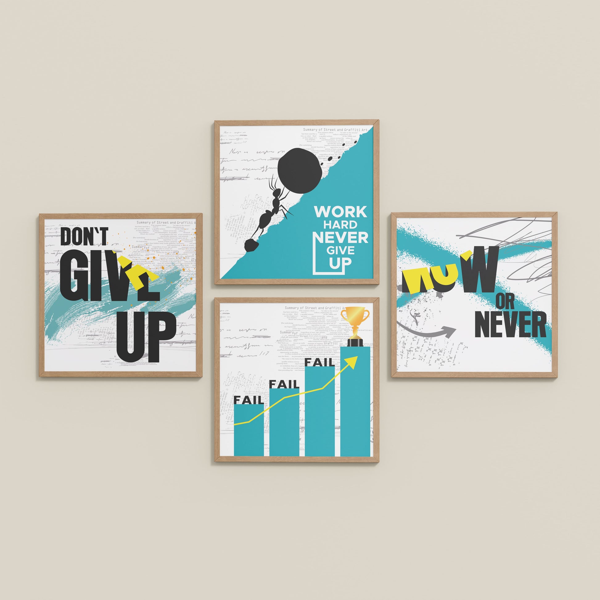 Inclined Floor View of Work Hard, Never Give Up – Motivational Quote Set of 4 Frames in Natrual Color Frame