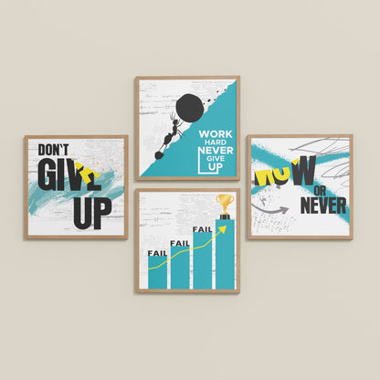 Inclined Floor View of Work Hard, Never Give Up – Motivational Quote Set of 4 Frames in Natrual Color Frame