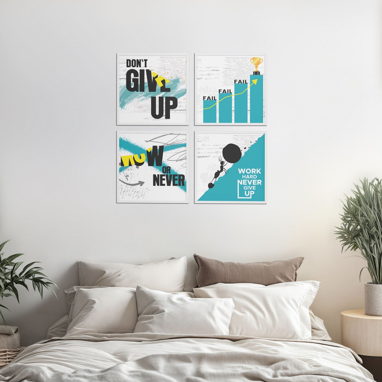 Bed Room Preview of Work Hard, Never Give Up – Motivational Quote Set of 4 Frames in White Color Frame
