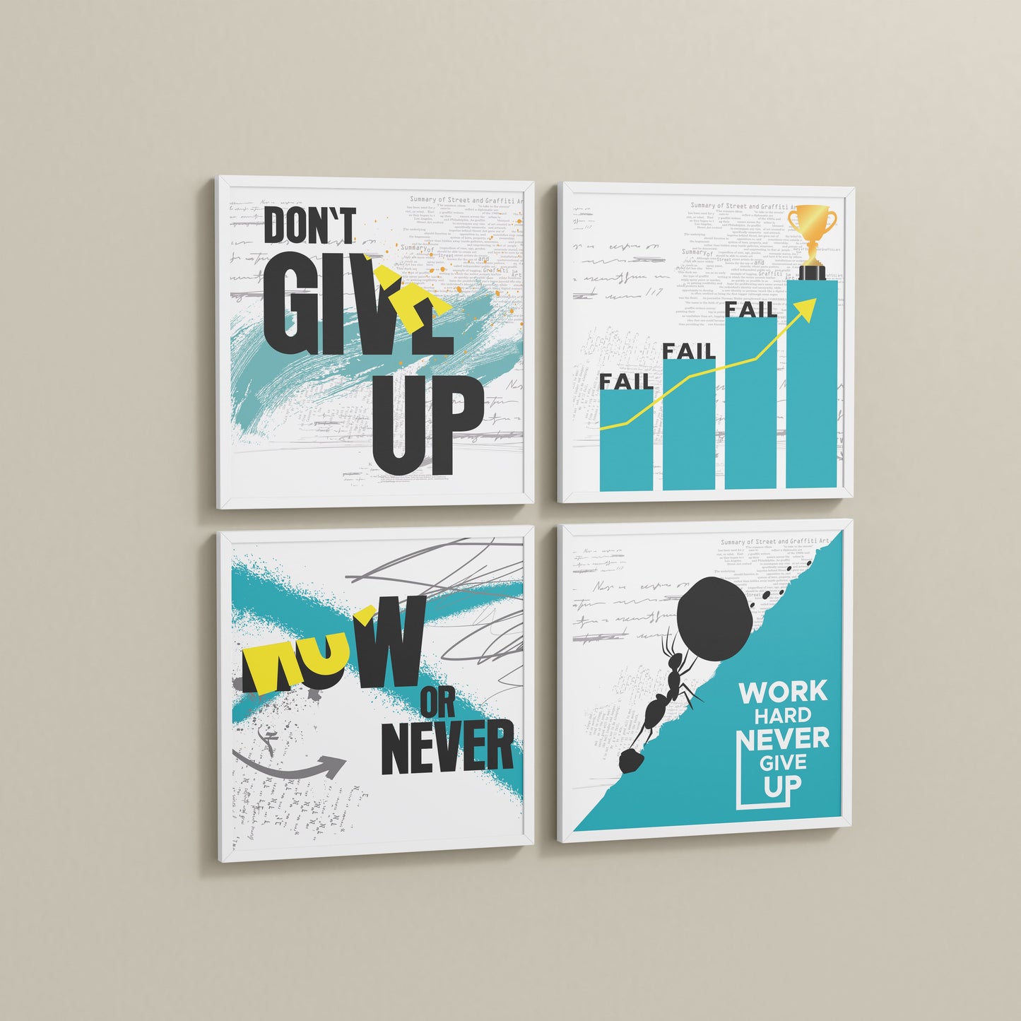 Side View of Work Hard, Never Give Up – Motivational Quote Set of 4 Frames in White Color Frame