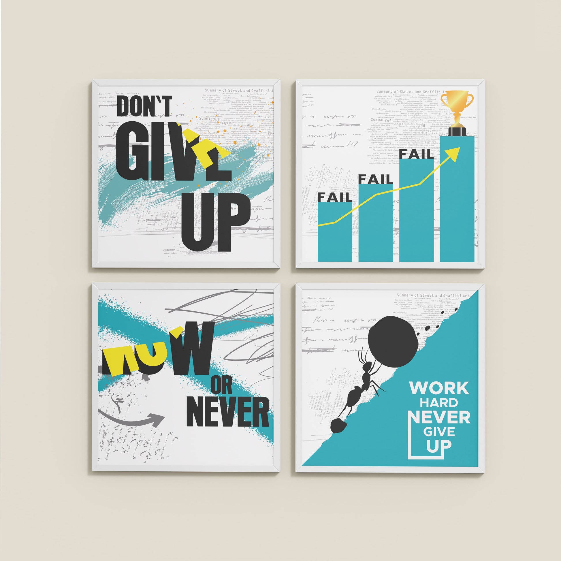 Wall View of Work Hard, Never Give Up – Motivational Quote Set of 4 Frames in White Color Frame