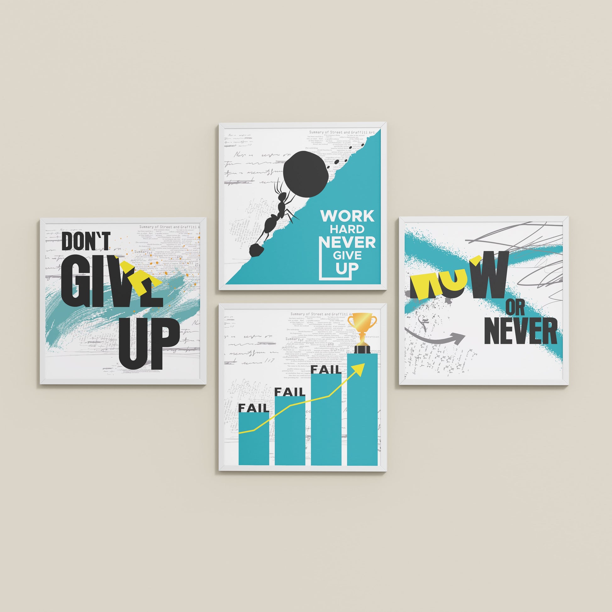 Inclined Floor View of Work Hard, Never Give Up – Motivational Quote Set of 4 Frames in White Color Frame