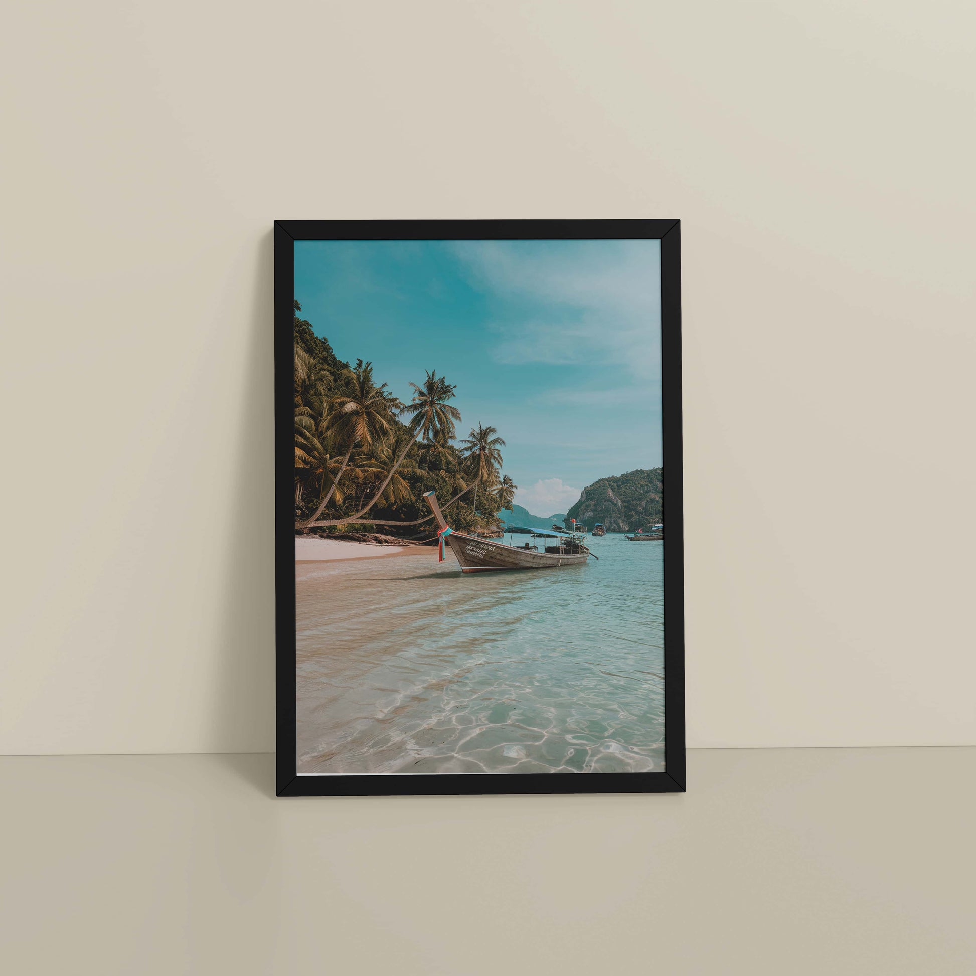Floor View of Ocean’s Edge – Resting Boat Wall Art & Frame in Black Color Frame