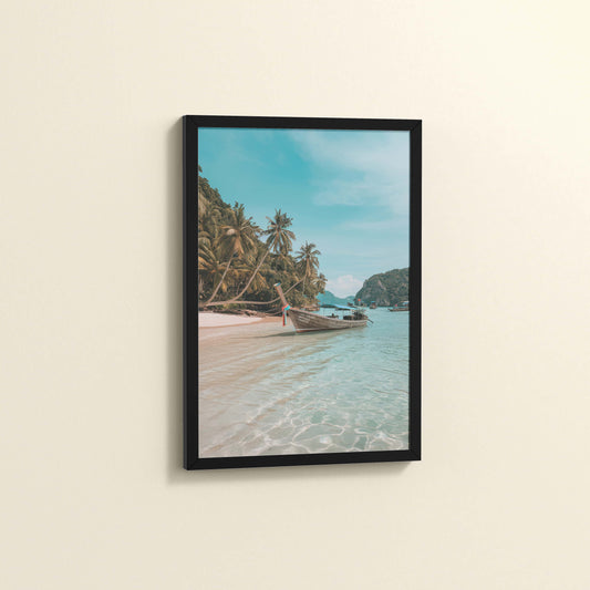 Side View of Ocean’s Edge – Resting Boat Wall Art & Frame in Black Color Frame