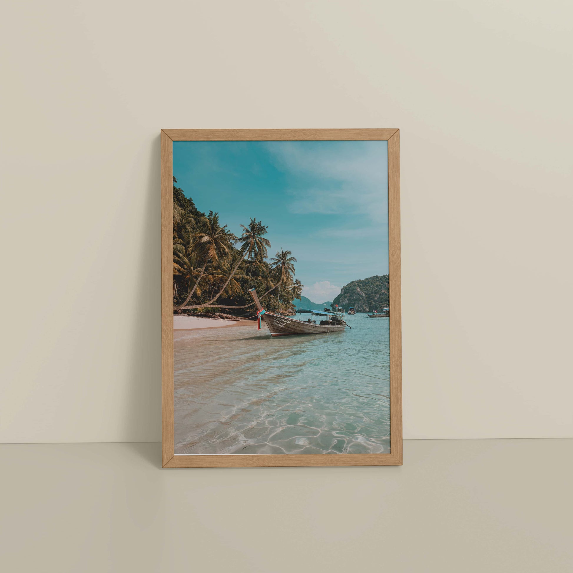 Floor View of Ocean’s Edge – Resting Boat Wall Art & Frame in Natrual Color Frame