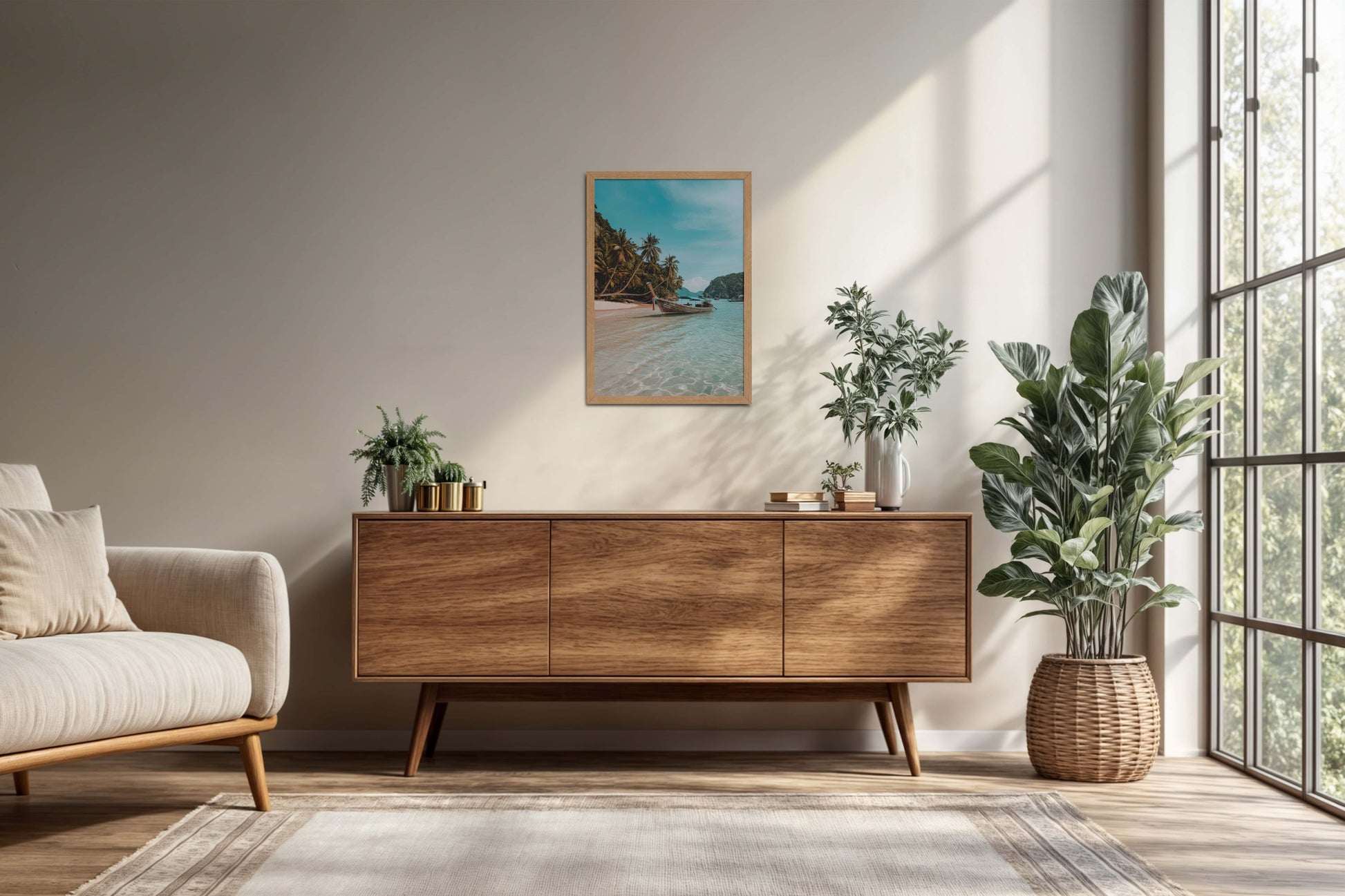 Living Room Cabinet Preview of Ocean’s Edge – Resting Boat Wall Art & Frame in Natrual Color Frame