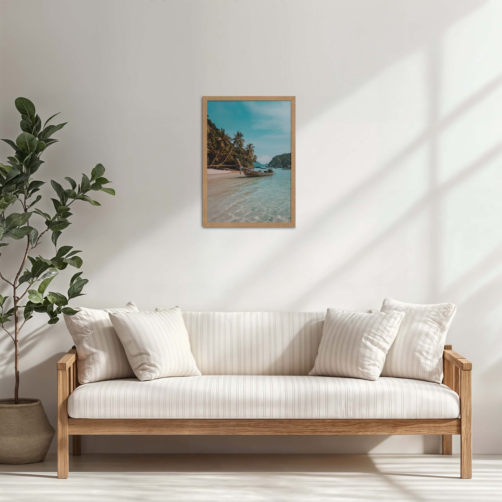 Living Room Cabinet Table Preview of Ocean’s Edge – Resting Boat Wall Art & Frame in Natrual Color Frame