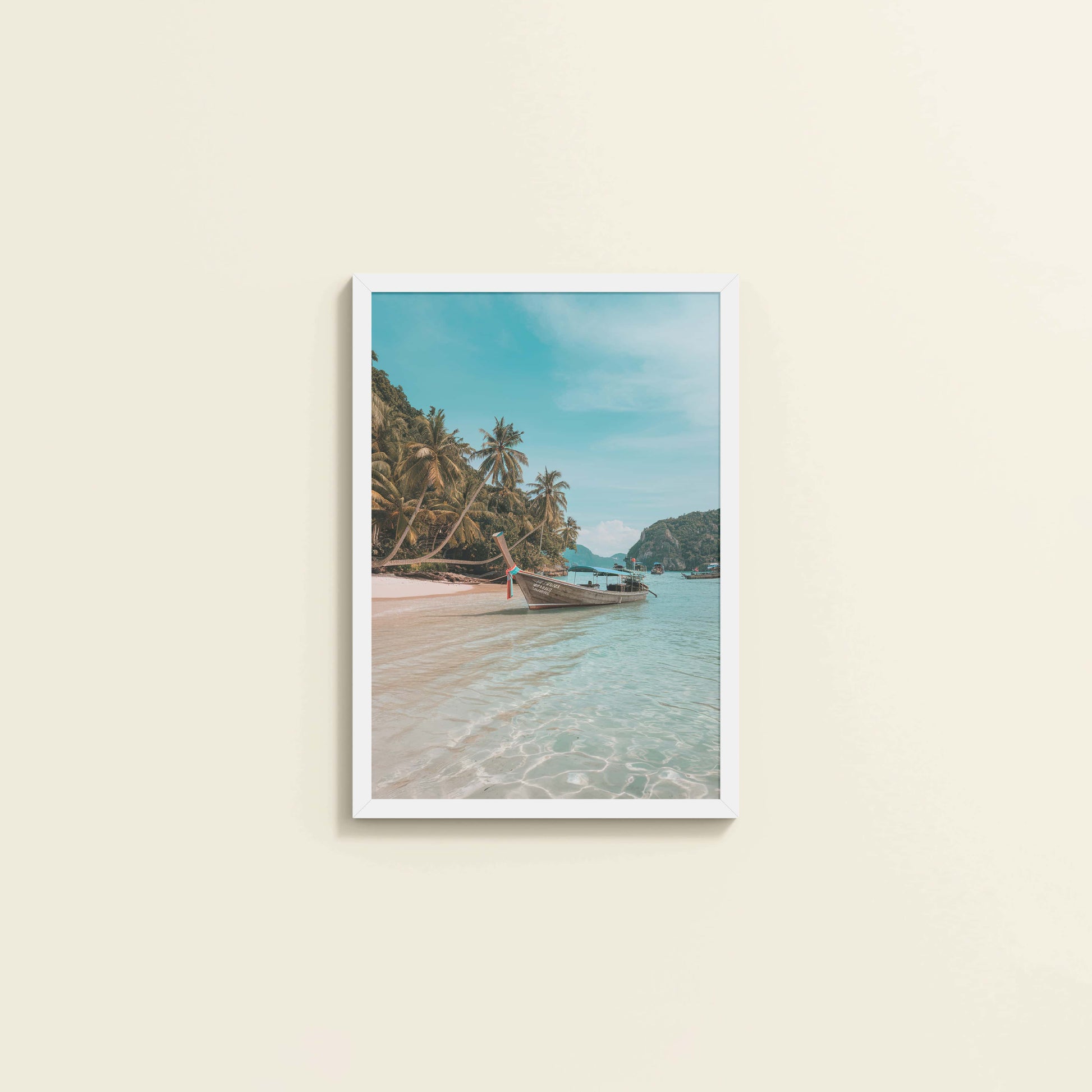Wall View of Ocean’s Edge – Resting Boat Wall Art & Frame in White Color Frame