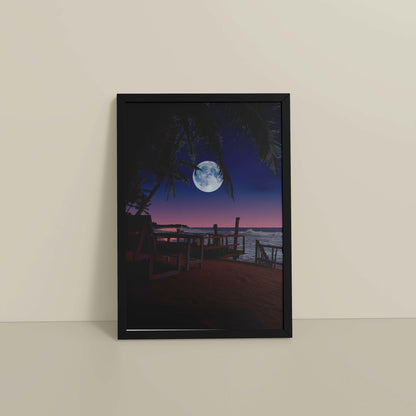 Floor View of Moonlit Escape – Tropical Night Beach Wall Art in Black Color Frame