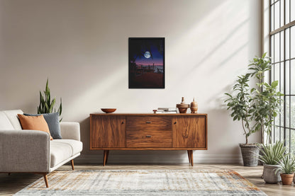 Living Room Sofa Preview of Moonlit Escape – Tropical Night Beach Wall Art in Black Color Frame