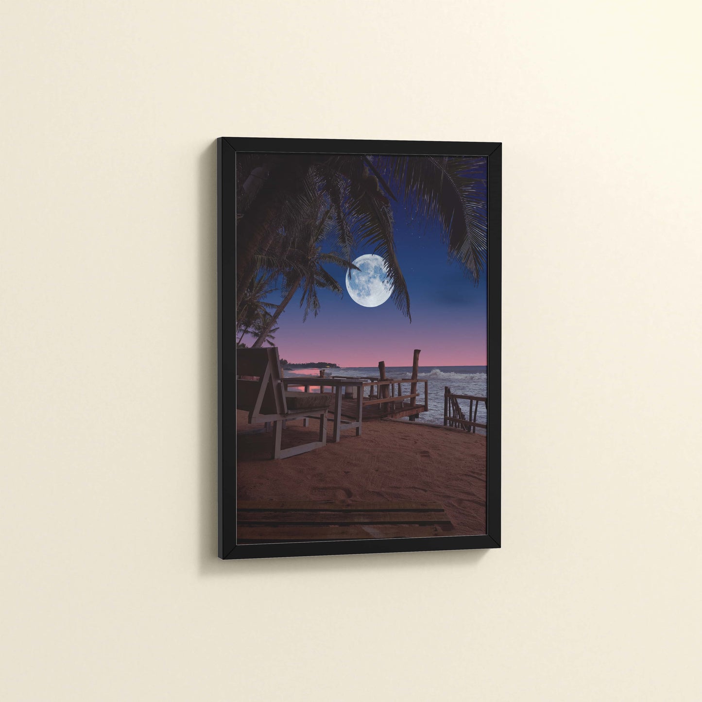 Side View of Moonlit Escape – Tropical Night Beach Wall Art in Black Color Frame