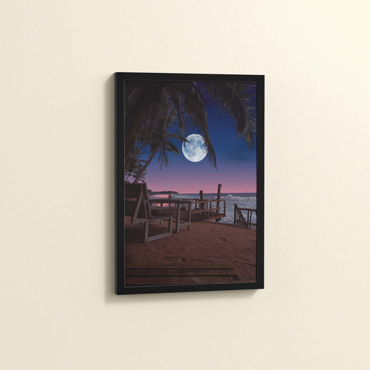Side View of Moonlit Escape – Tropical Night Beach Wall Art in Black Color Frame