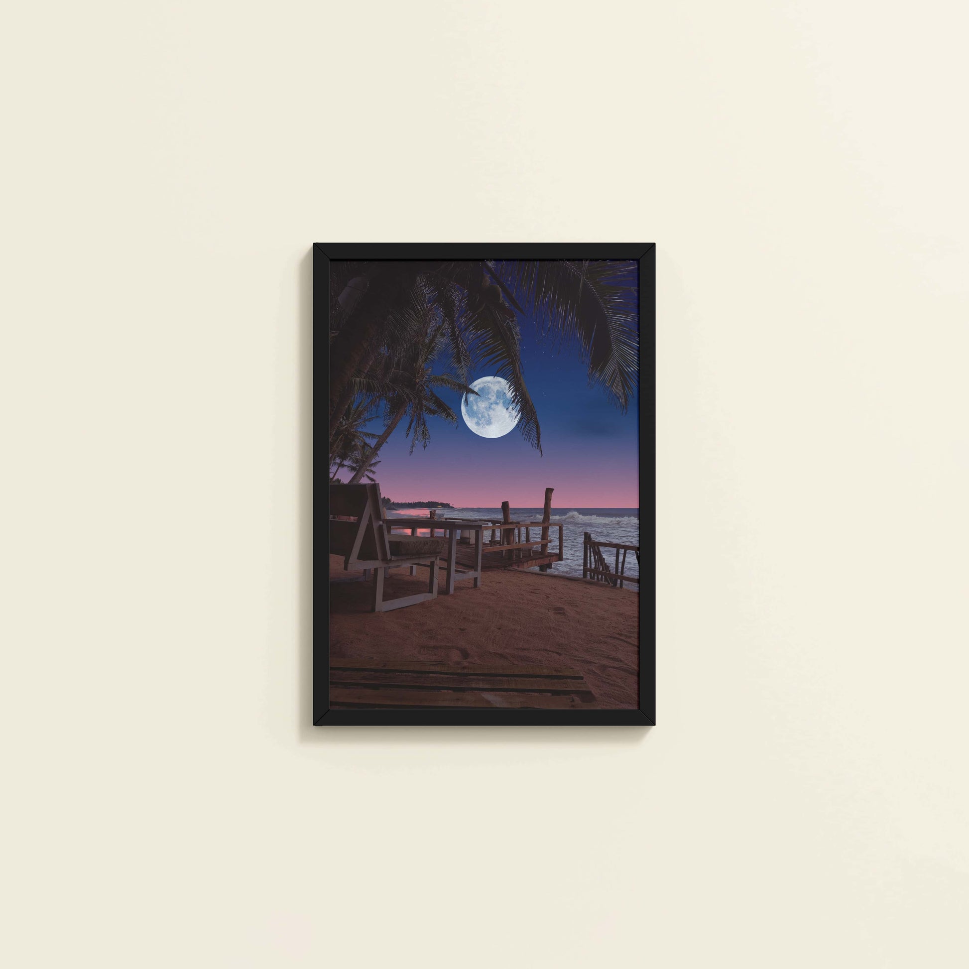 Wall View of Moonlit Escape – Tropical Night Beach Wall Art in Black Color Frame