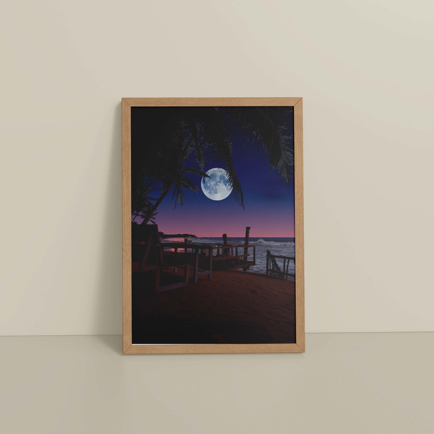 Floor View of Moonlit Escape – Tropical Night Beach Wall Art in Natrual Color Frame