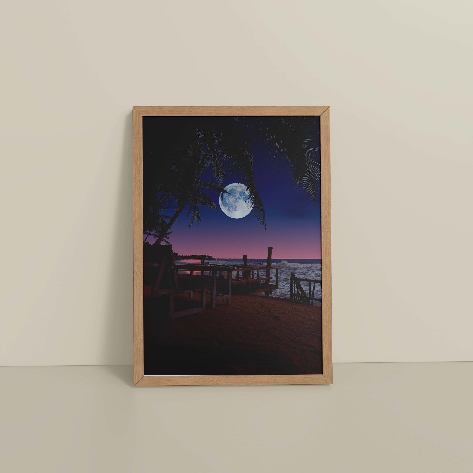 Floor View of Moonlit Escape – Tropical Night Beach Wall Art in Natrual Color Frame