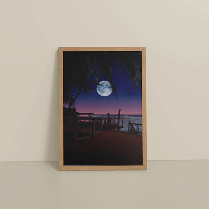 Floor View of Moonlit Escape – Tropical Night Beach Wall Art in Natrual Color Frame