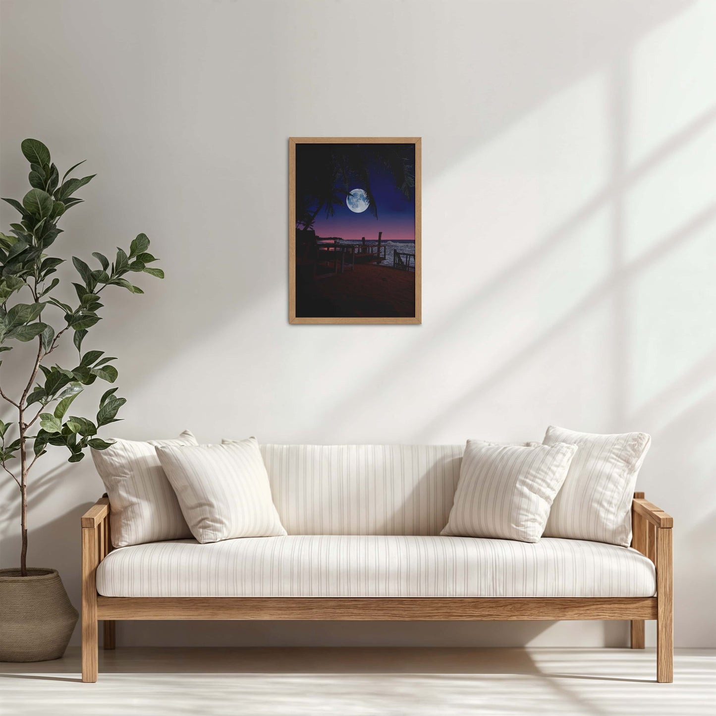 Living Room Cabinet Table Preview of Moonlit Escape – Tropical Night Beach Wall Art in Natrual Color Frame