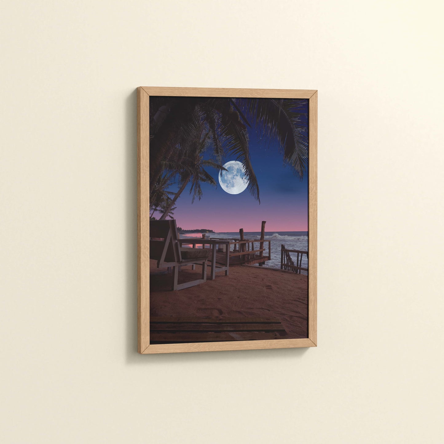 Side View of Moonlit Escape – Tropical Night Beach Wall Art in Natrual Color Frame