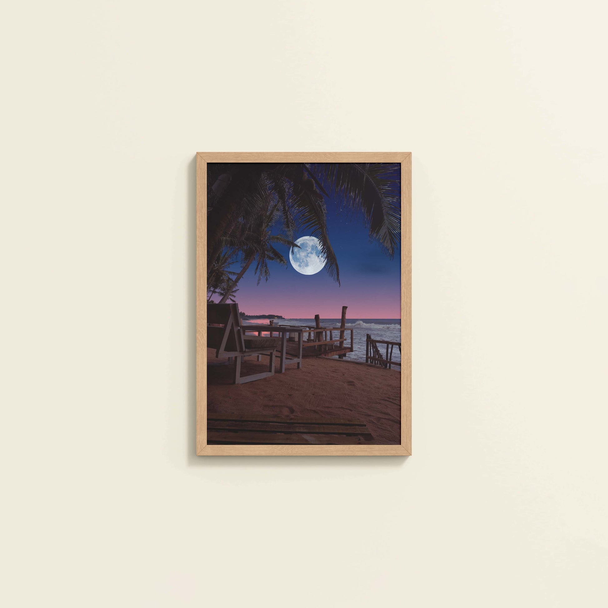 Wall View of Moonlit Escape – Tropical Night Beach Wall Art in Natrual Color Frame
