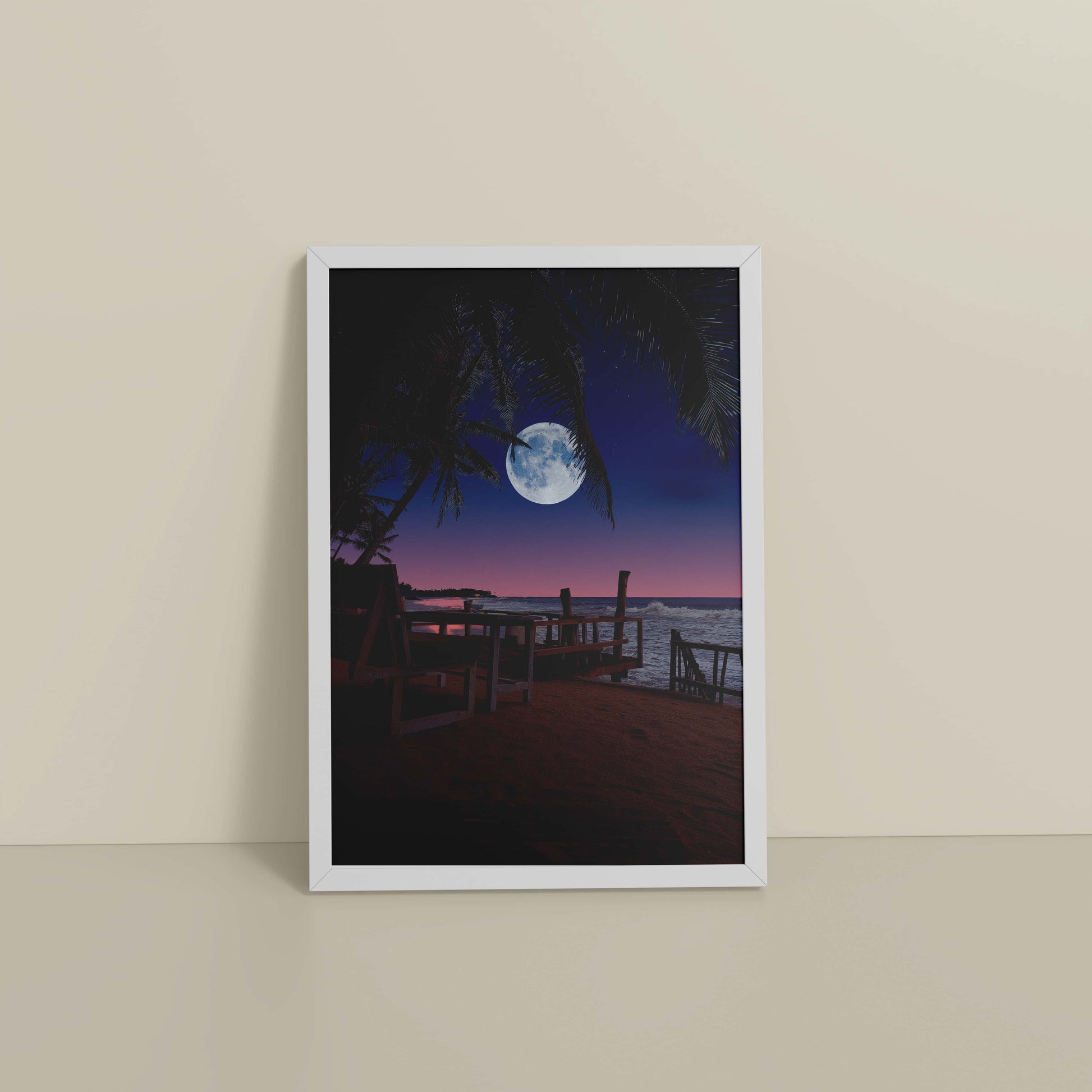 Floor View of Moonlit Escape – Tropical Night Beach Wall Art in White Color Frame