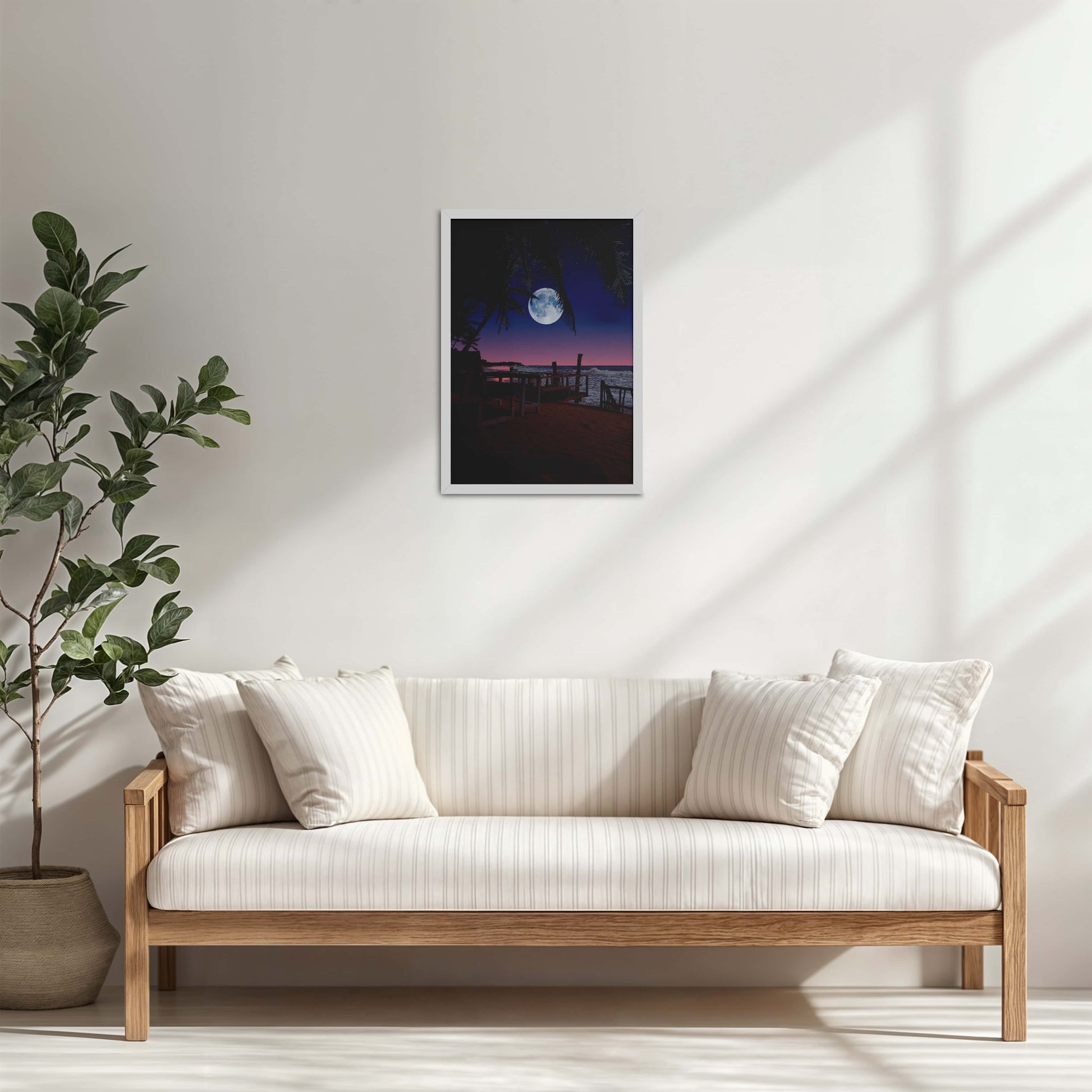 Living Room Cabinet Table Preview of Moonlit Escape – Tropical Night Beach Wall Art in White Color Frame