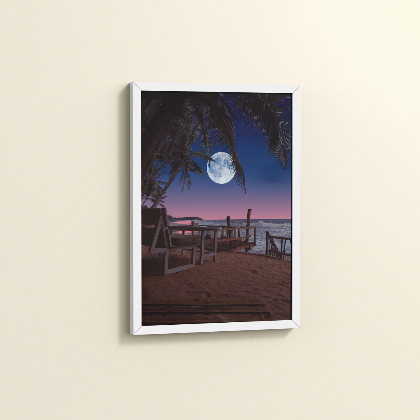 Side View of Moonlit Escape – Tropical Night Beach Wall Art in White Color Frame