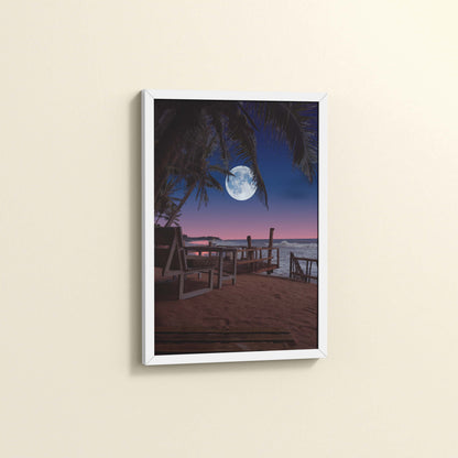 Side View of Moonlit Escape – Tropical Night Beach Wall Art in White Color Frame