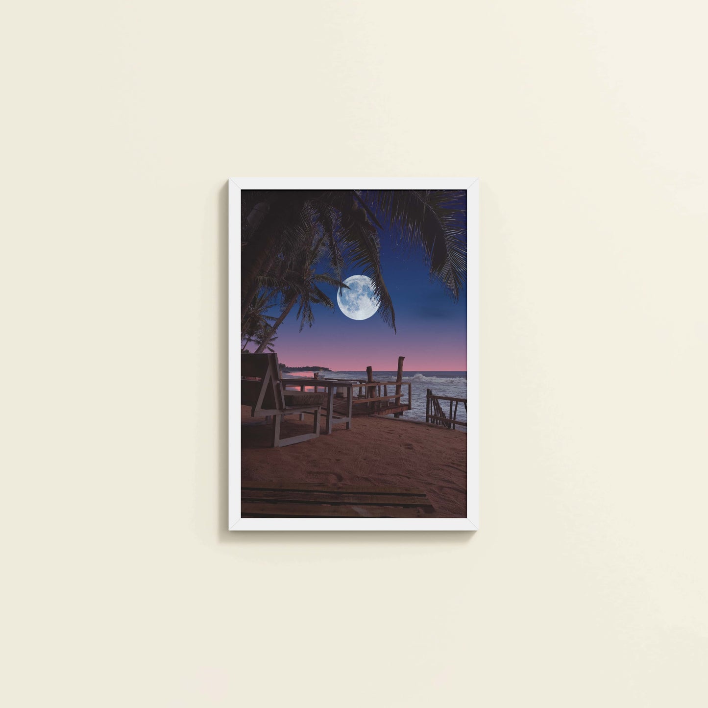 Wall View of Moonlit Escape – Tropical Night Beach Wall Art in White Color Frame