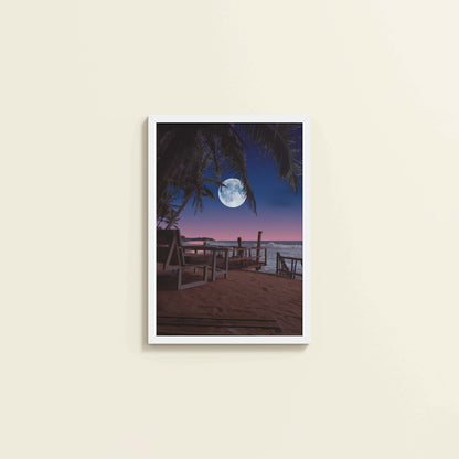 Wall View of Moonlit Escape – Tropical Night Beach Wall Art in White Color Frame