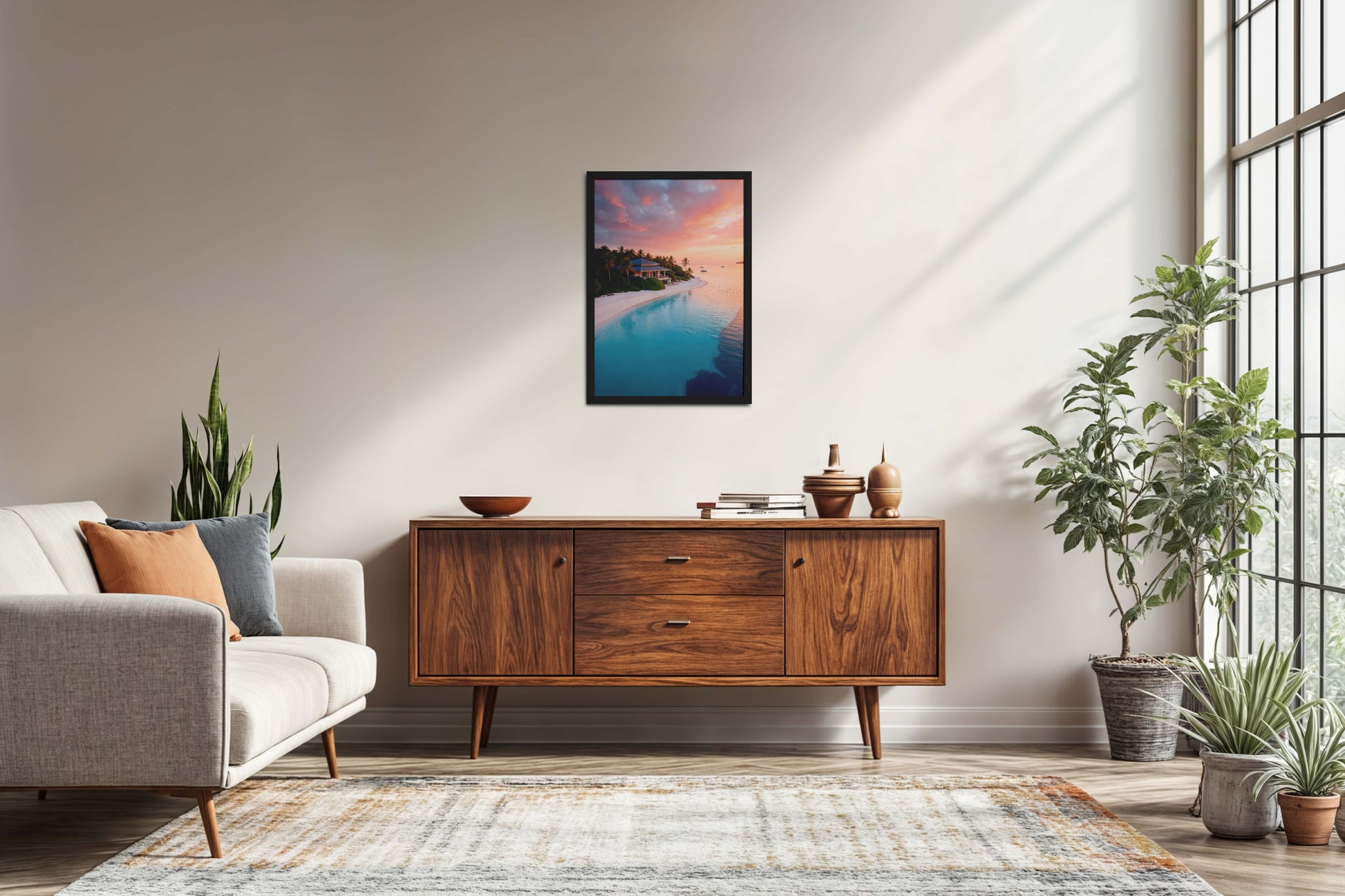 Living Room Sofa Preview of Sunlit Shore – Pretty Beach with Nature in Wall Frame in Black Color Frame