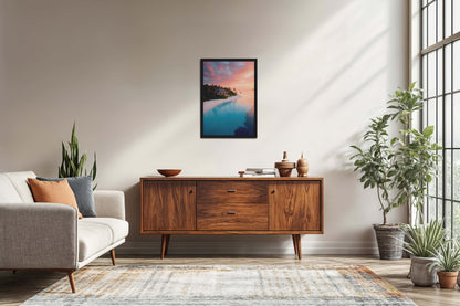 Living Room Sofa Preview of Sunlit Shore – Pretty Beach with Nature in Wall Frame in Black Color Frame